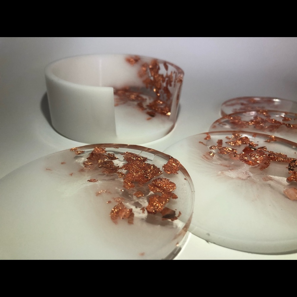 Copper/Rose Gold & White Coaster Set With Holder - Picture 5 of 14